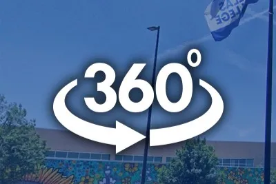 An image of North Lake's circle and library with the text 360 degrees overlayed over the image