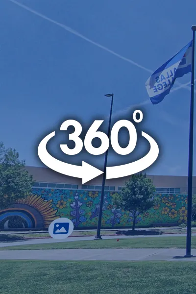 An image of North Lake's circle and library with the text 360 degrees overlayed over the image