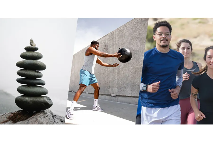 Collage showing a stack of rocks and two men exercizing.