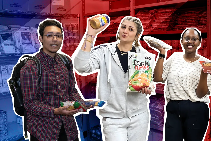 Students pose with food pantry items