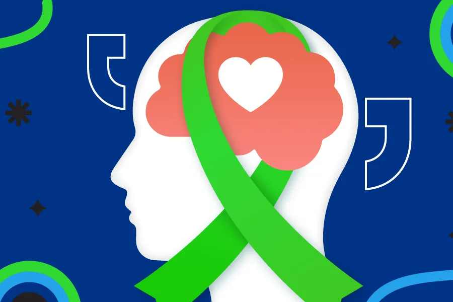 Graphic with outline of head and mental health support ribbon