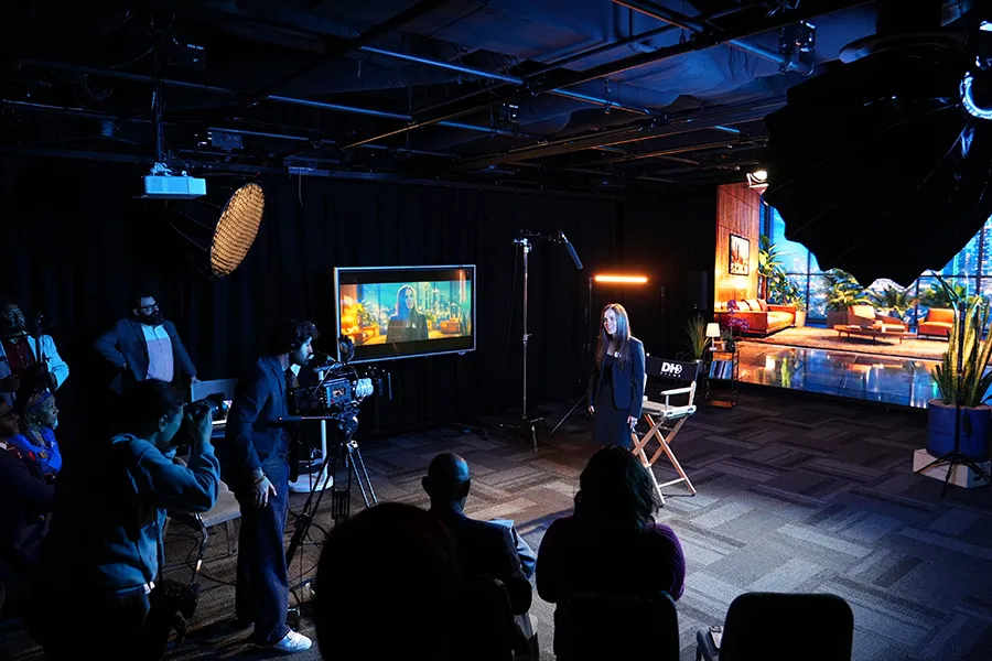 Ahava Silkey-Jones on camera at virtual production screen launch.