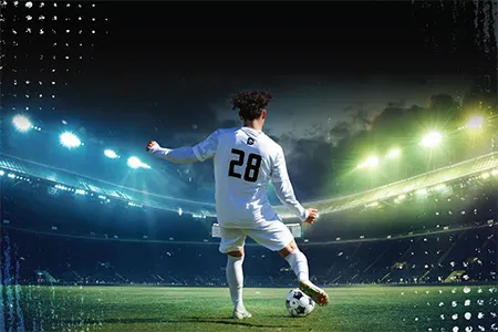 A soccer player kicks a soccer ball on a field.