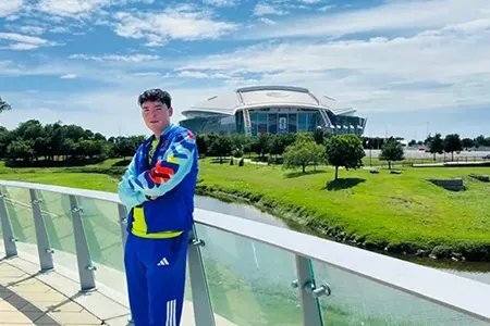 Gabriel Martinez is pictured with Dallas Stadium in the background during the 2026 World Cup.
