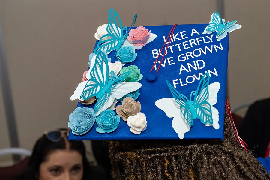 A graduation cap is decorated with butterflies.