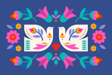 Two illustrated birds with flowers facing each other.