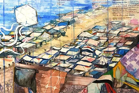 Student paint depicting tents by the sea.