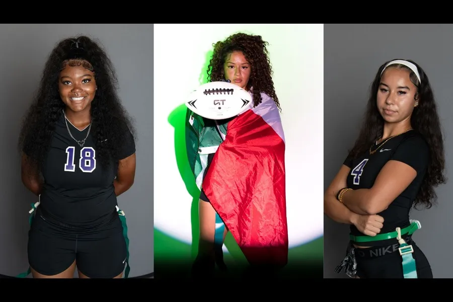 Image of three flag football student athletes