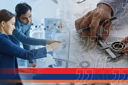 a graphic that features two people pointing to an image on a computer screen.