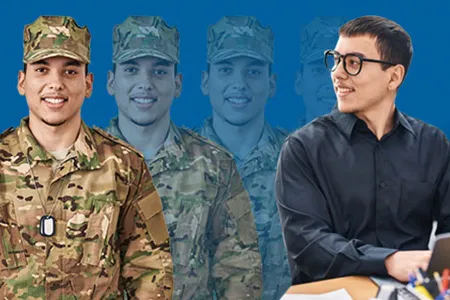 A person in a military uniform is pictured beside a person in an office
