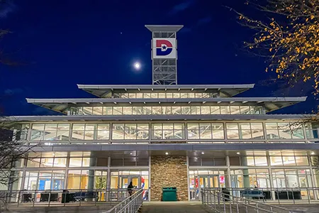 Mountain View Campus photographed at night.