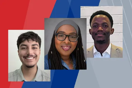 Headshots of the three PepsiCo scholarship recipients against a red, blue and gray background.