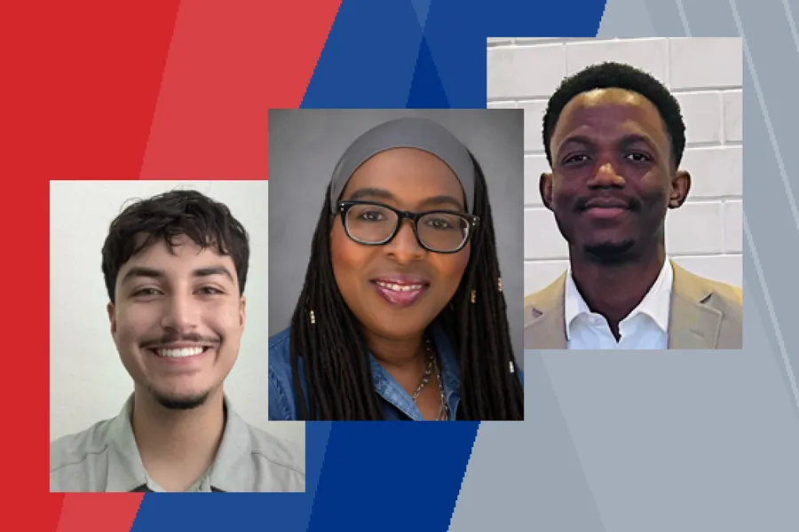 Headshots of the three PepsiCo scholarship recipients against a red, blue and gray background.