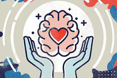 An illustration of two hands with the outline of a brain and heart shape.