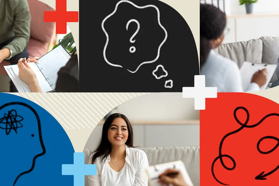 A woman sitting on a couch across from someone writing in a notebook