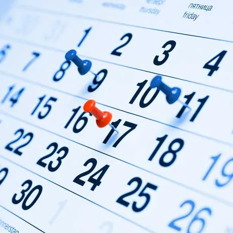 Close-up of a calendar with push pins marking important events or deadlines.