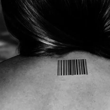 The back of a girl printed with a barcode