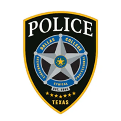 Dallas College Police badge with shield-shaped design and black and yellow border