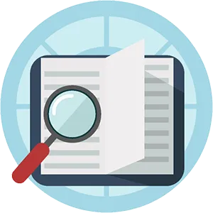 Open book with a magnifying glass on top, set against a circular background with light blue segments.