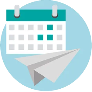 Calendar with teal-highlighted dates and a paper airplane positioned diagonally in front.