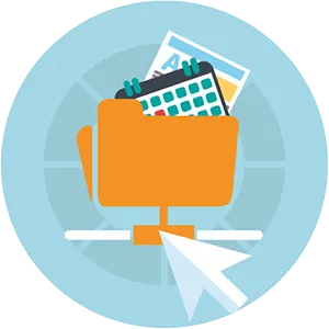 Orange folder icon containing a calendar and document, connected to a network node with a globe-like background.