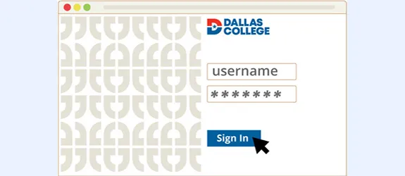 Dallas College signing in screen with username and password fields, a blue 'Sign In' button