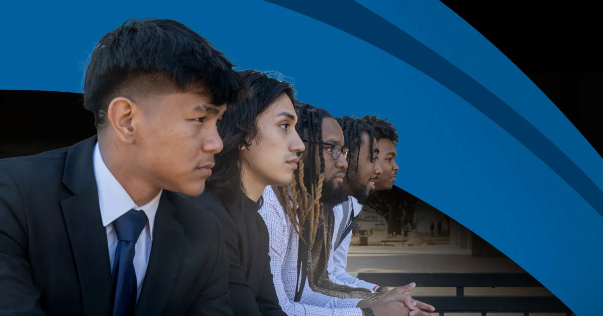 Group of people sitting side by side, set against a blue and black background with curved lines.