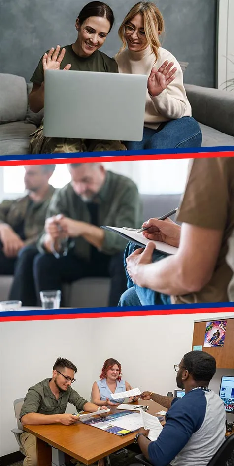 Collage of three scenes: two veterans waving at a laptop, a close-up of hands with a clipboard, and a group discussing papers and maps at a table.
