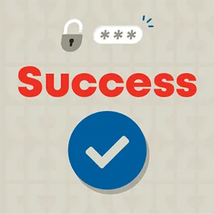 Success message with padlock, password field, and verification checkmark
