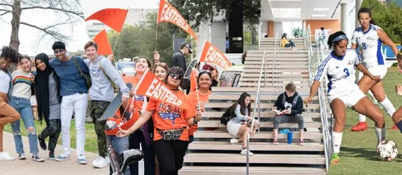 A group of students on a college campus, some holding 'Eastfield' flags, others sitting on stairs, and two soccer players in action.