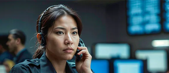 A dispatcher listens to caller