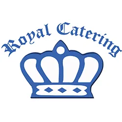 blue crown over white background with words royal catering floating above
