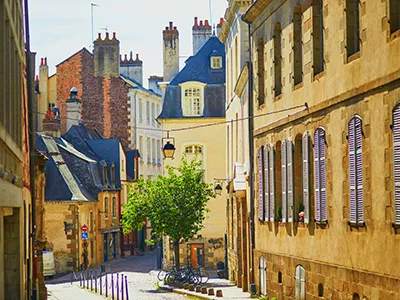 A charming European street with warm-toned buildings, cobblestone path, and lush tree