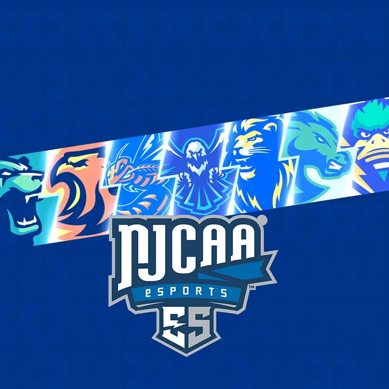 A graphic showing college mascots and an NJCAA eSports logo