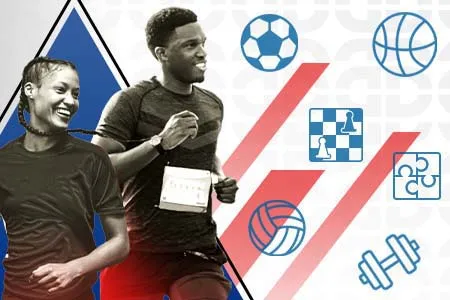 Graphic of two students running with sport illustrations behind them