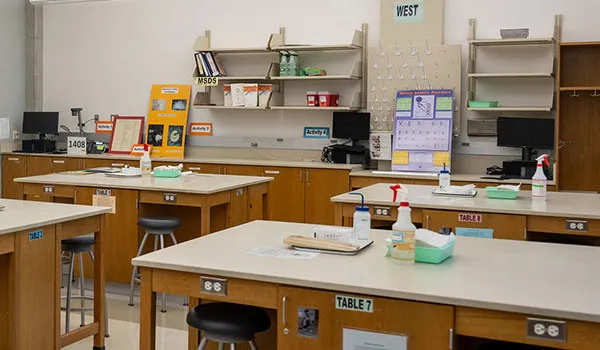 Desks and shelves are seen in the science lab at Richland