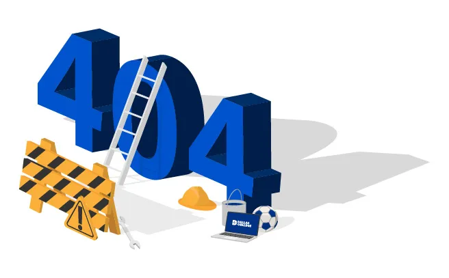 A large 404 sign with a ladder, construction equipment, a laptop and soccer ball
