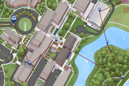 Screenshot of the hidden gems tour, showing several points of interest on the North Lake Campus