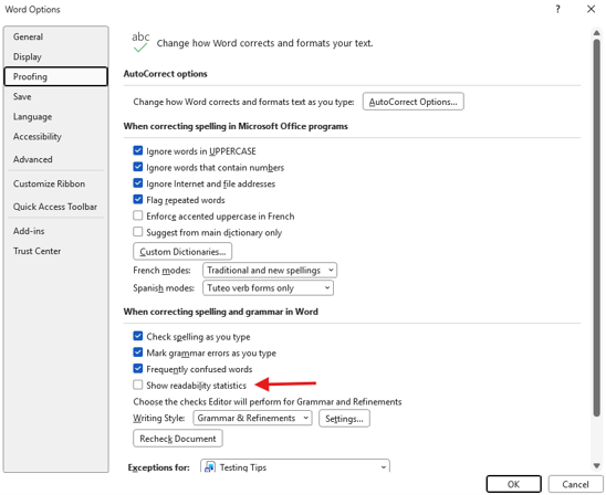 Word Options with the Proofing Tab shown and an arrow pointing at 