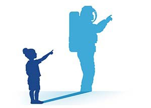 Illustration of a young girl pointing to her shadow, which looks like an astronaut