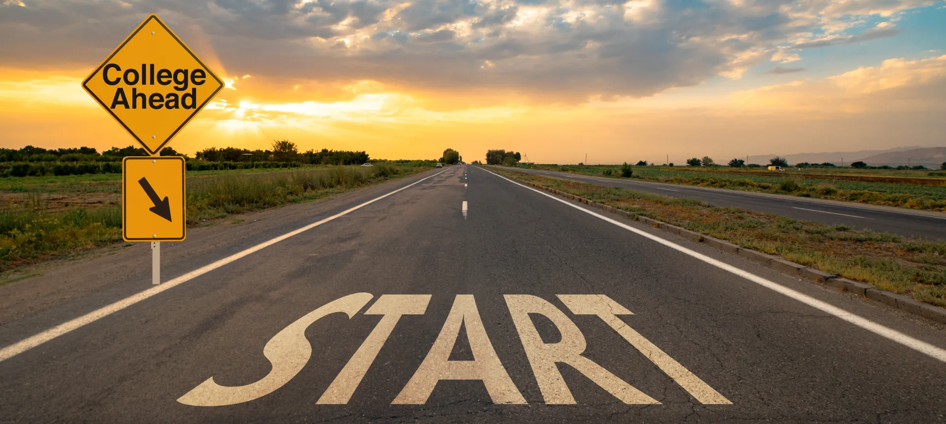Road with the word start and a sign for college ahead