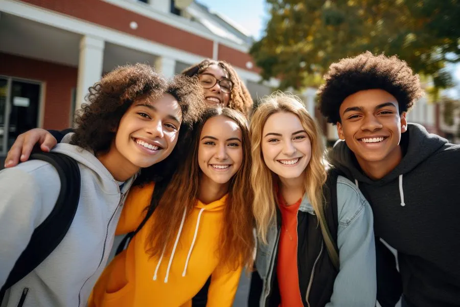 Group of high school students smiling for a selfie