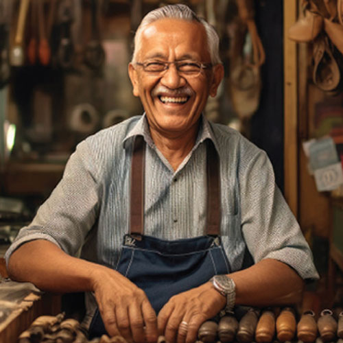 Person in an apron seated at a workbench with hand tools in a workshop.