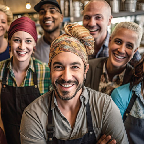 Group of apron-clad business owners posing together.