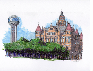 A sketch of the Old Red Courthouse and Reunion Tower