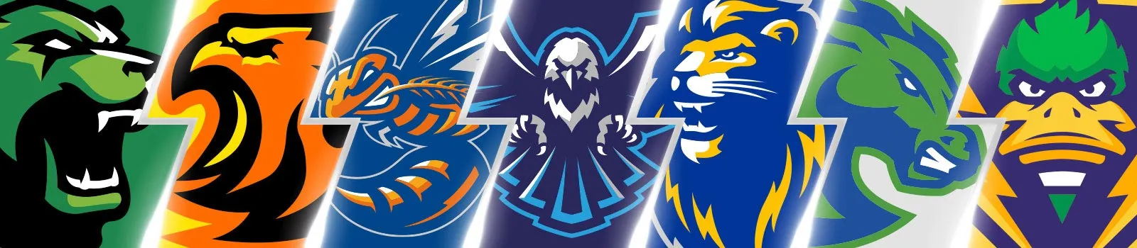 A collage of the Dallas College athletic mascots: bears, suns, harversters, eagles, lions, blazers, thunderducks