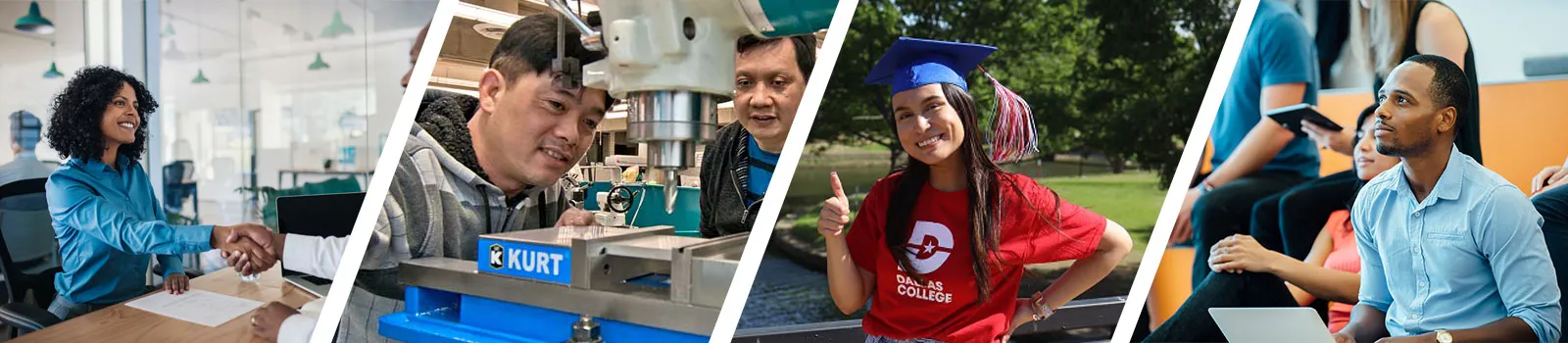 A collage of four images: a woman shaking hands in an office, a man operating machinery, a graduate in a cap and gown smiling outdoors, and a man attentively listening in a classroom