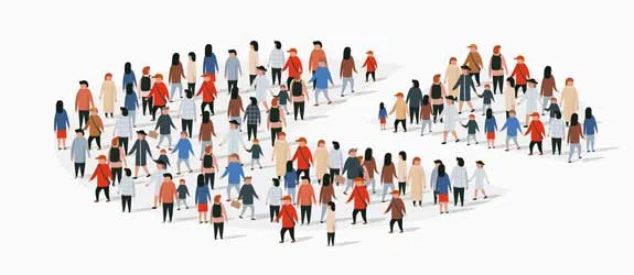 Illustration of people making up a pie chart