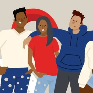 Illustration of college student friends smiling, embracing in casual clothes