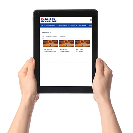A person holds up a tablet while viewing a Dallas College website